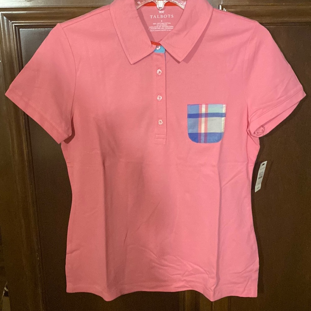 Talbots Brand new never been worn pink polo shirt with checkered pocket